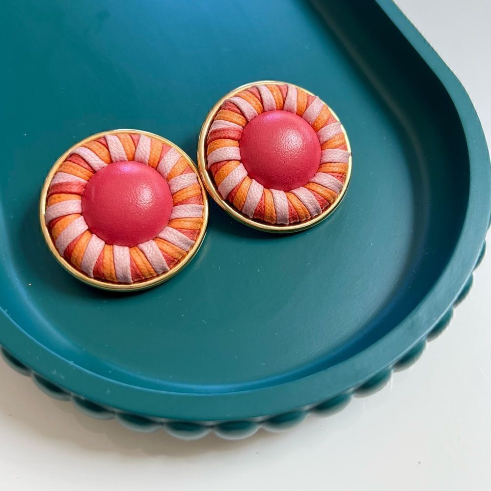 XL Vintage 80s Unique Retro Braided Leather Round Statement Clip-on Earrings